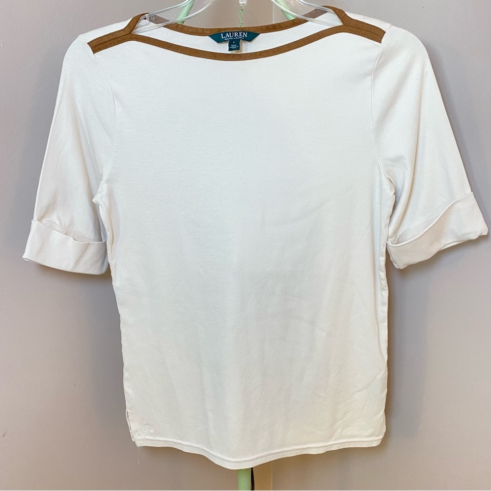 Lauren Ralph Lauren Light Tan Cotton Blend Top Short Sleeve Faux Suede Large